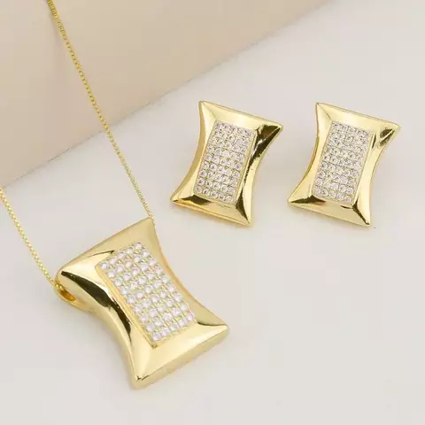 Conjunto Colar e Brincos Retangular Cravejado