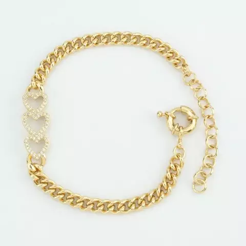 Pulseira Grumet 6mm com 3 Corações Cravejados com Zircônias