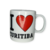 Caneca branca com a frase "I Love Curitiba" em vermelho e preto.