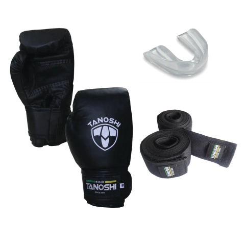 Kit Boxe Black Luva + Bandagem + Bucal TANOSHI