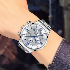 Relógio de aço inoxidável de luxo masculino, relógio quartzo, calendário de na internet