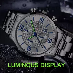 Relógio de aço inoxidável de luxo masculino, relógio quartzo, calendário de