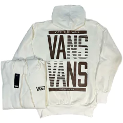 Buzo Vans Frisa Invisible en color blanco con logotipo de Vans en el centro y una sudadera plegada al lado.