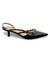 Scarpin Slingback preto com salto baixo de 4cm e fivelas decorativas.