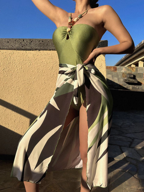 Maiô multicolorido de uma peça para mulheres, open-top, pulseira de pedra preciosa, biquíni, estilo francês, maiô de duas peças