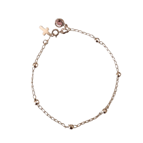 Pulseira Bolinhas Com Zircônia Rosa E Crucifixo Em Prata 925 - comprar online