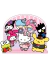Personajes de Sanrio celebrando juntos en un fondo rosa con decoraciones festivas.