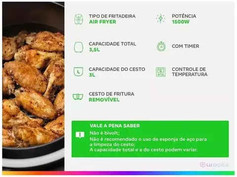 Fritadeira Elétrica sem Óleo/Air Fryer Mondial Pratic AF-31 Preta 3,5L com Tim