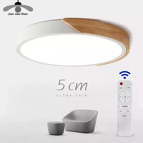 Luz de teto LED ultra fina com controle remoto, lâmpada de madeira, luminária,