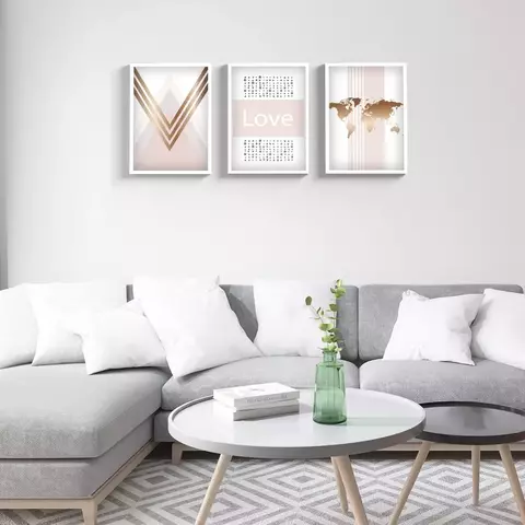 Kit 3 Quadros Abstrato Moldura Vidro Mapa Mundi Frase Sala