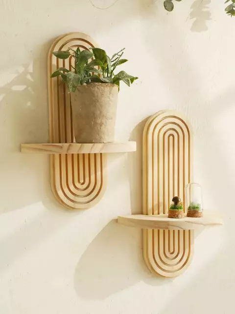 Prateleiras de parede de madeira estilo boho, prateleiras geométricas montadas