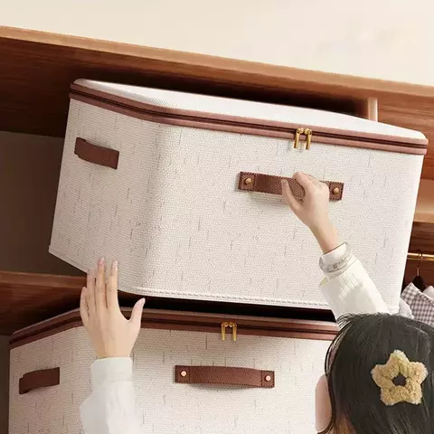 Caixas de armazenamento com zíper de linho, caixas organizadoras de roupas de t