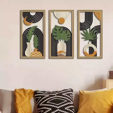 3 peças de quadro madeira boêmio mural estético vaso padrão sala estar decoração