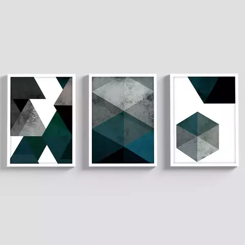 Kit 3 Quadros Geométricos Moldura Vidro Sala Quarto