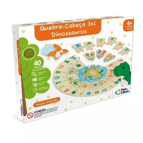 QUEBRA-CABECA 3X1 DINOSSAUROS - MADEIRA UNICA
