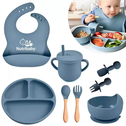 Kit infantil Silicone Prato + Copo + Talheres + Babador + Tigela NutriBaby®