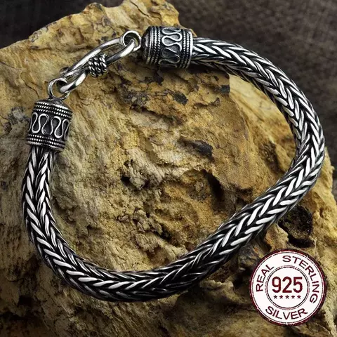 925 Sterling Silver Men's Jewelry - Viking Style Bracelet with Wooden Gift Box