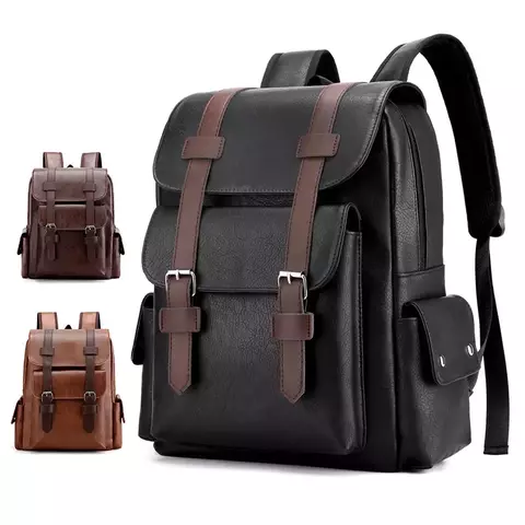 DIDA BEAR Large PU Leather Laptop Backpack - Men's, Black and Brown, Ideal for Teens and Adults