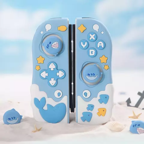 Geekshare Silicone JoyCon Protective Case Thumb Grip Caps Compatible with Nintendo Switch OLED Shark Party