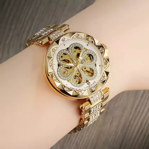Reloj automático Forsining Skeleton para mujer: lujo, diamantes, manecillas luminosas y acero inoxidable dorado.