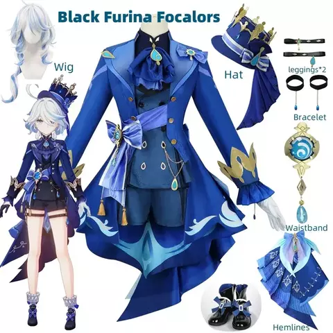 Genshin Impact Furina Cosplay (Focalors): Full Outfit with Hat, Wig and 3D Accessories - High Fidelity Replica