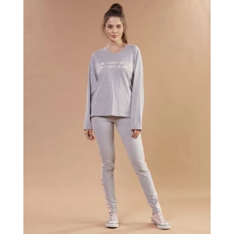Pijama cinza com calça e blusa manga longa