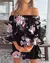 Mini vestido feminino estampado em folhas, Lady Slash Neck, manga meia-flare, es