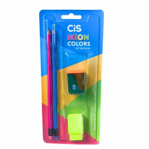 Kit Escolar Neon - 2 Lápis + Apontador + Borracha - Cis