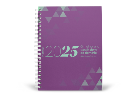 Planner Domine Suas Finanças 2025 com capa roxa e design geométrico