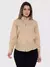 Camisa Social Feminina Premium Tipo Linho Bege com Strass Manga Longa Elegante