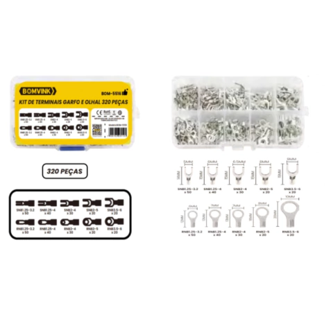 Kit Terminal Elétrico Olhal Com Maleta Garfo Com 320 Unidades