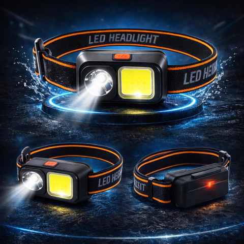 Lanterna de Cabeça LED COB Recarregável USB-C Alta Potência Mineiro Headlamp Leve e Ajustável