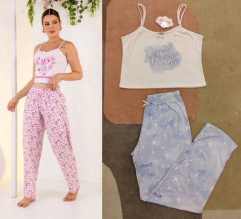 REFi 8001 Conjunto Pijama Calça + Cropped Alça Sweet Dreams Azul Estrelado