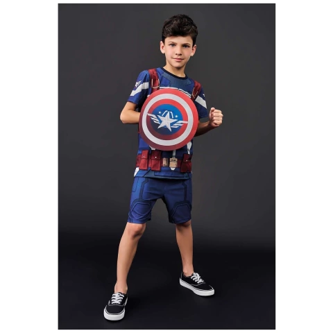 Out - Fantasia Masculino de Herói Capitão América Camiseta,Bermuda,Escudo LUC.BOO