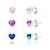 Kit Brincos de Prata Trio Coração Zircônia Azul, Lilás e Rosa 7mm