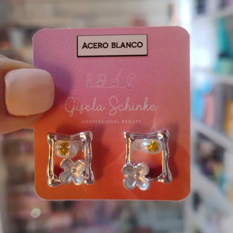 Aros cuadro colores con flor - Acero blanco BA4716