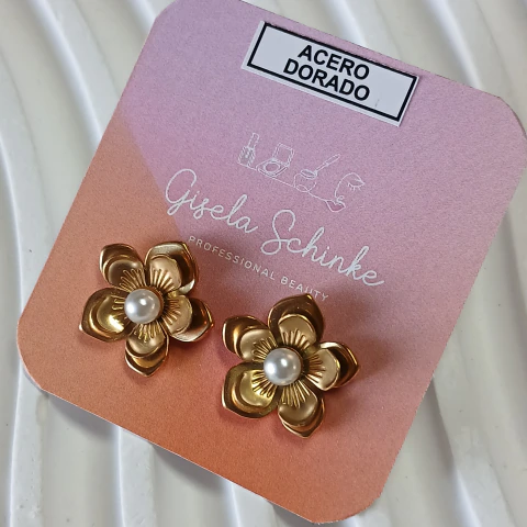 Aros flor con perla - Acero Dorado 1517