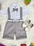 Conjunto Social Camisa Branca e Short Suspensório - Gravata Cinza - Batizado - Casamento - Aniversário (0227CB)