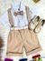 Conjunto Social Camisa Branca e Short Susp. Gravata Caqui - Batizado - Aniversário - Casamento (0227CK)