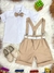 Conjunto Social Camisa Branca e Short Susp. Gravata Caqui - Batizado - Aniversário - Casamento (0227CK) - Plataforma Baby