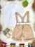 Conjunto Social Camisa Branca e Short Susp. Gravata Caqui - Batizado - Aniversário - Casamento (0227CK)