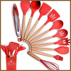 Kit C/12 Utensílios De Cozinha Silicone Cabo Madeira Cor:Vermelho