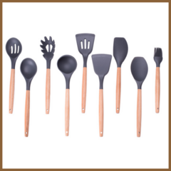 Kit C/12 Utensílios De Cozinha Silicone Cabo Madeira Cor:Cinza - comprar online