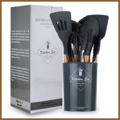 Kit C/12 Utensílios De Cozinha Silicone Cabo Madeira Cor:Cinza