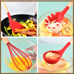 Kit C/12 Utensílios De Cozinha Silicone Cabo Madeira Cor:Vermelho na internet