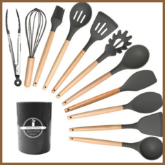 Kit C/12 Utensílios De Cozinha Silicone Cabo Madeira Cor:Preto