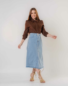Saia Midi Rute em Denim