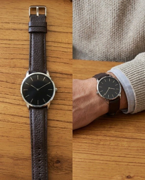 Reloj clásico minimalista esfera negra y correa marrón