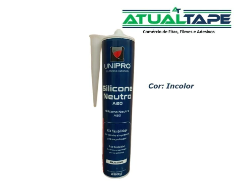 Cartucho de silicone neutro incolor de 260g da marca Unipro, com destaque para a flexibilidade e usos variados.