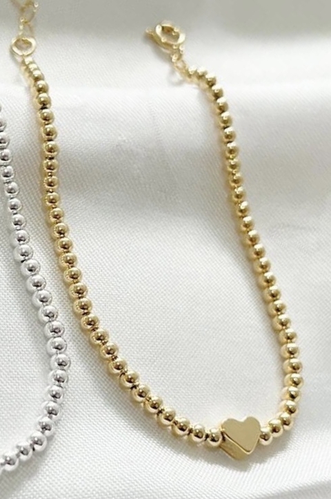 Pulseira Bolinha com Coração - Banho de Ouro - comprar online